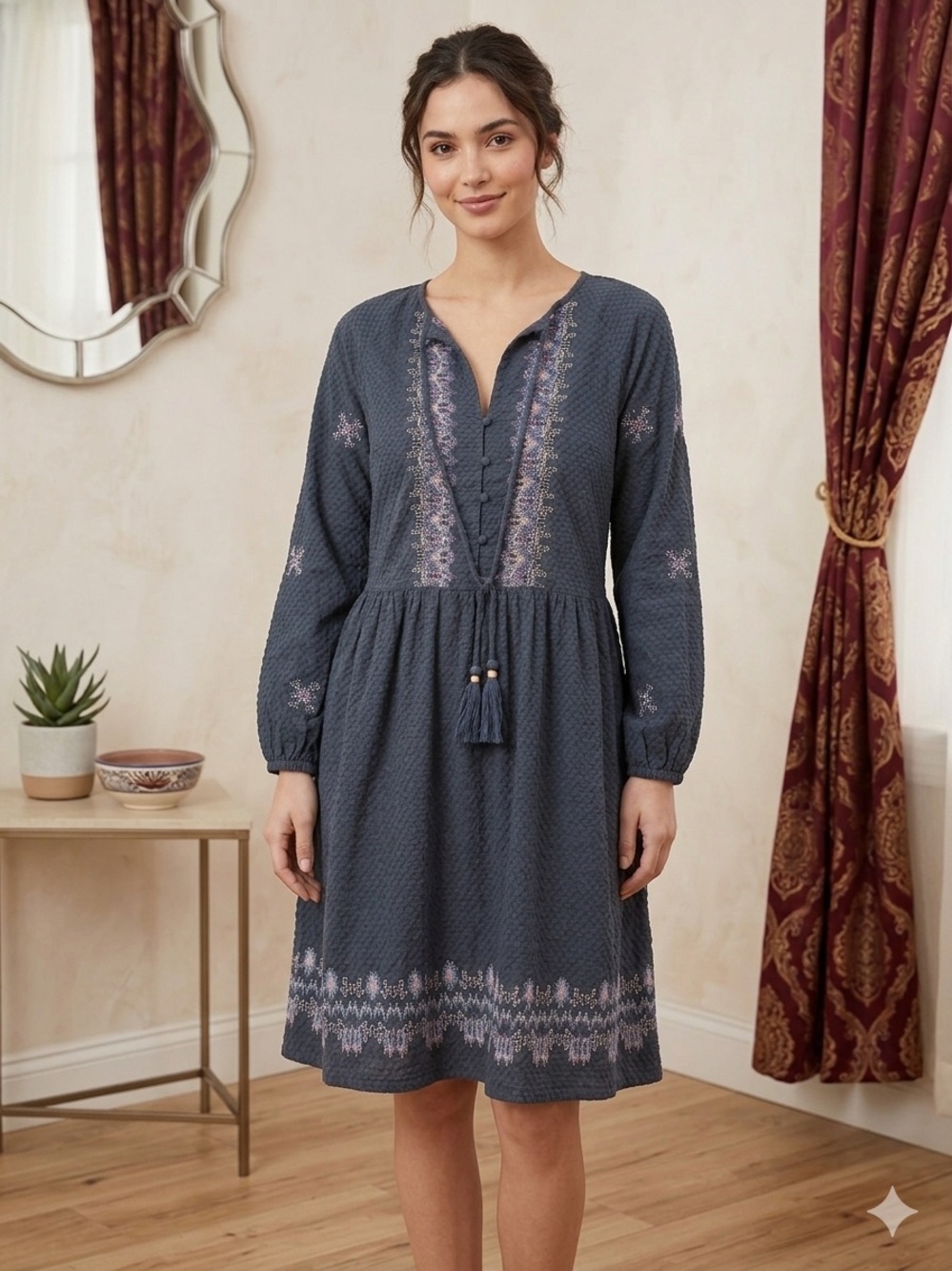 Knox Rose Navy Embroidered Boho Tunic